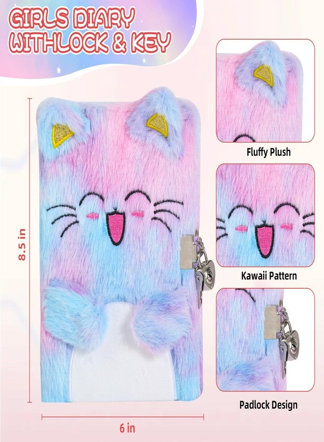 LiYiQ Plush Cat Diary Gift for Girls Kids Travel Journal Secret Diary with Scrapbook Paper Stickers Journal Stencils Pompom Pen and Washi Tape Practical Set Gift for Birthday Christma - Image 5